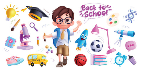 Back to school elements vector design. Back to school boy kid character with educational element microscope, bus, shoes, rocket, notebook and books objects and icon collection. Vector illustration 