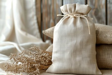 A white bag with a brown string tied to it sits on a table