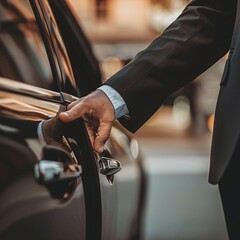 Businessman using professional transport service, hand on car door handle, emphasizing business travel and accommodation