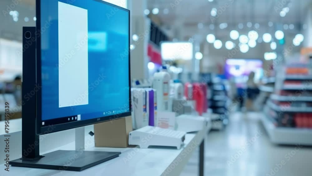 Poster a monitor on a counter in a retail store with product displays on the screen .