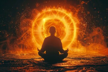 A person is sitting in a lotus position in front of a glowing circle