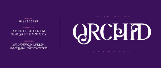 Orchid Elegant Font Uppercase Lowercase and Number. Classic Lettering Minimal Fashion Designs. Typography modern serif fonts regular decorative vintage concept. vector illustration
