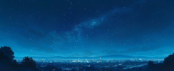A brilliant starry sky ,top view angle, panoramic night urban skyline. digital art style, illustration painting. generative AI