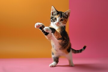 A kitten is standing on a pink background and is playing with its paw