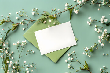 Stylish elegant flat lay olive green floristic greeting invitation post card with copy space mockup. - obrazy, fototapety, plakaty