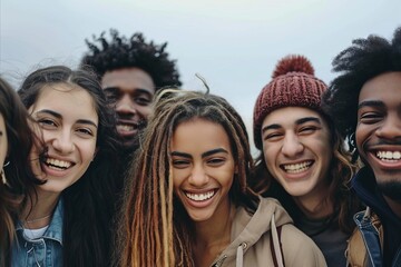 Group of diverse friends having fun together on the street. Cheerful african american and caucasian women and men smiling and looking at camera.