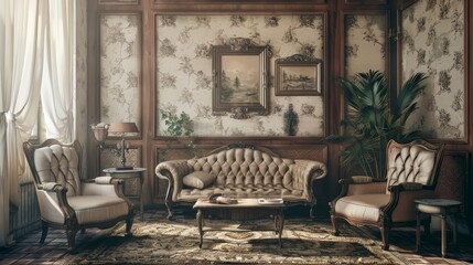 Vintage-style living room setup showcasing classic furniture with rich textures and elegant framing on an isolated background