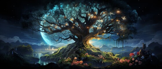 Illustration of an ancient tree with luminous flowers and mystical creatures for an ereader midnight realm screen saver