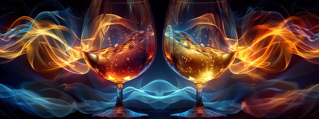 In a world of swirling colors, two glasses of wine stand as beacons of indulgence, their presence accentuated by an abstract fractal backdrop