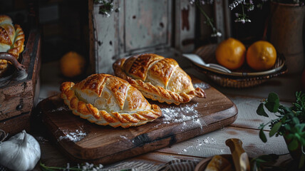 Argentine traditional food. Baked two empanadas pastry stuffed with beef meat. South America cuisine - obrazy, fototapety, plakaty