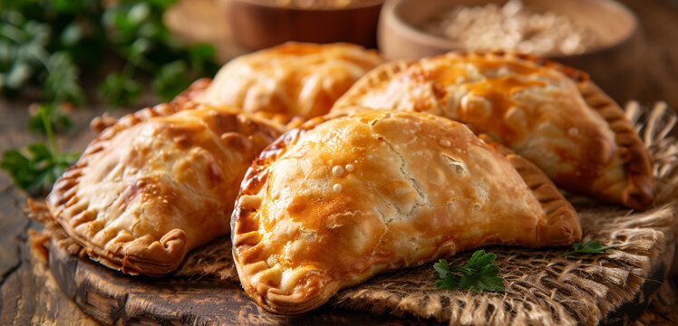 Argentine traditional food. Fried empanada pastry stuffed with beef meat. South America cuisine