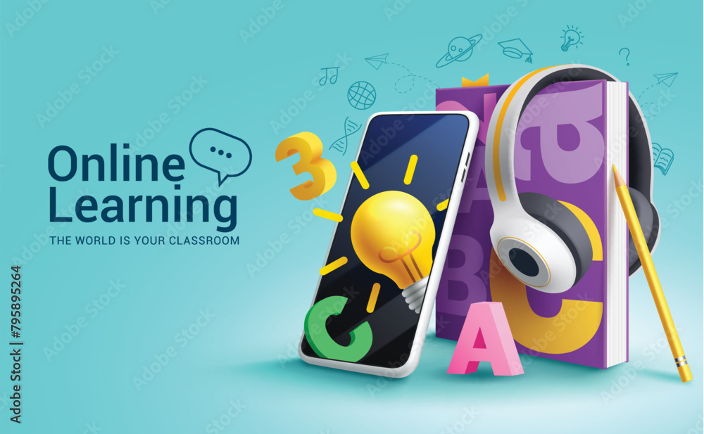 Poster online learning school vector design. back to school online learning education with mobile phone vir