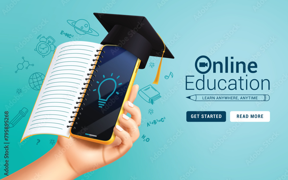 Poster online education school vector design. back to school online education with mobile phone application
