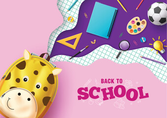 Back to school vector template design. Back to school text with cute giraffe bag and educational supplies and elements for learning background. Vector illustration school back template design. 
