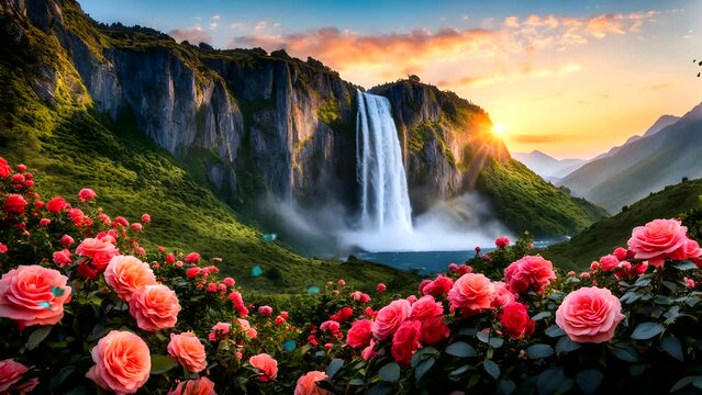 Roses with butterfly on waterfall background in the mountains