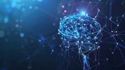 Concept of AI and digital human brain neural network surrounded by glowing lines on dark background