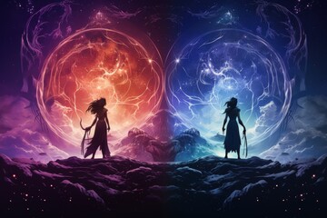 Fototapeta premium Fantasy series poster with a magical violet to dark indigo gradient, conveying the enchantment and dark mystical forces at play