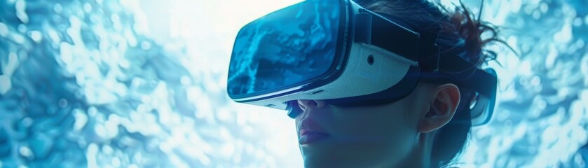 A woman wearing a virtual reality headset with a blue and white background.