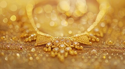 Close up gold necklace bow gold background
