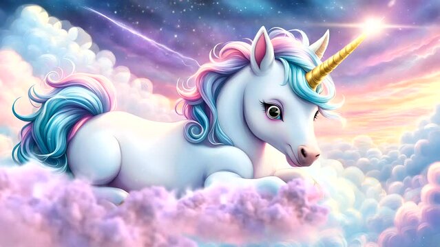 unicorn with golden horn on clouds