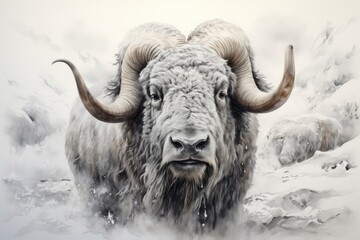 Detailed pencil sketch of a musk oxs rugged face, with snow accumulating on its horns and eyelashes - obrazy, fototapety, plakaty