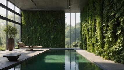 Serene indoor pool area surrounded by lush greenery, creating tranquil oasis. Floor-to-ceiling windows provide natural light, views of outdoors, while concrete ceiling, floor add modern touch.
