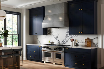 Contemporary modern kitchen interior in navy dark blue colors and concrete elements.