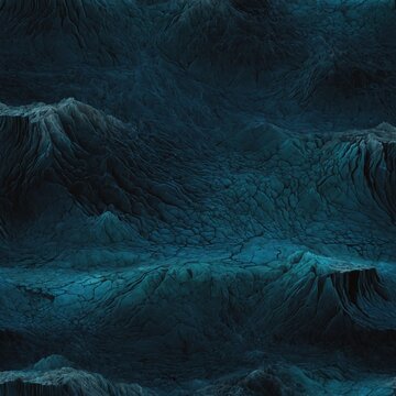 Dark, ominous landscape stretches out before viewer, with jagged peaks, deep valleys forming treacherous terrain. Surface rough, textured, with cracks, crevices adding to sense of danger, foreboding.
