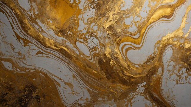 Golden swirls, veins intertwine with streaks of white, gray, creating abstract landscape reminiscent of marble, flowing liquid. Metallic gold paint catches light, adding depth.