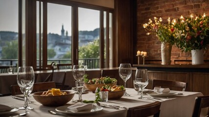 Long table set for meal in restaurant with view of city. White tablecloth set with white plates, silverware, glasses, bowls of food including salad, bread. Room has brick wall, large window,.
