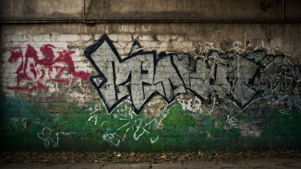 Weathered brick wall covered in layers of spray-painted graffiti. Dominant tag large, stylized word in white, black, with smaller, less legible tags in red, green, white surrounding it.