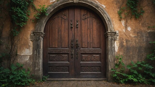 Large, arched, wooden door stands closed, set into weathered wall. Door ornately carved with intricate designs, flanked by two stone columns. Lush green vines creep up sides of wall, around archway.