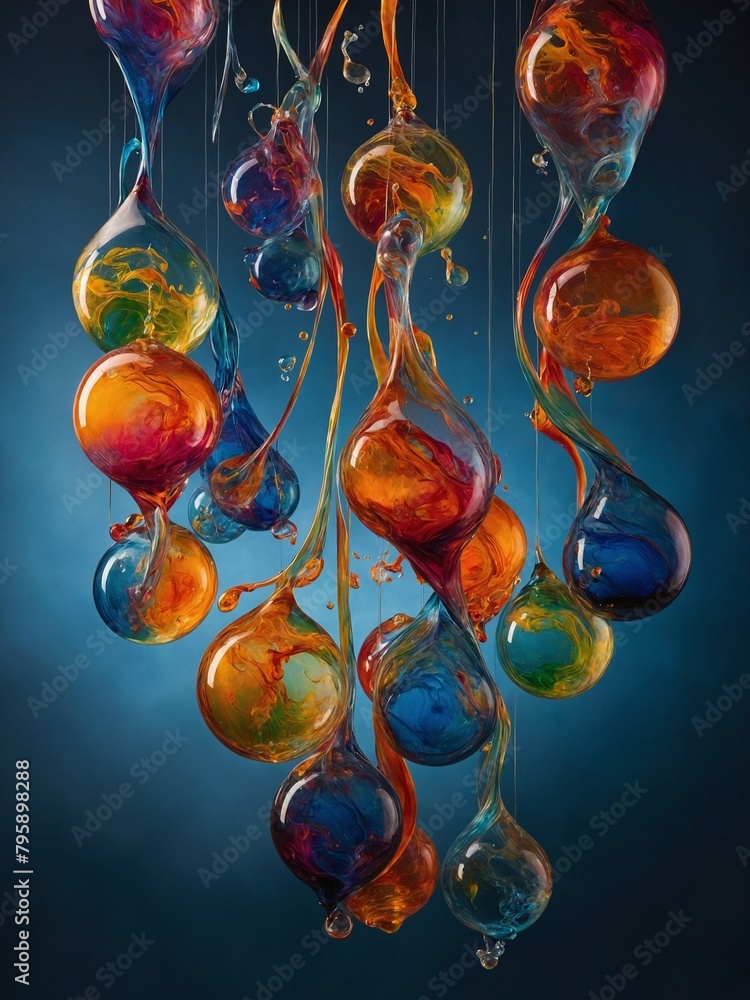 Poster multicolored blobs of liquid hang suspended in mid-air, connected by thin strands of same material. 