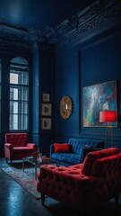 Obraz premium Luxurious living room furnished with blue velvet sofa, two red velvet armchairs, glass coffee table on ornate rug. Walls painted deep blue, adorned with large abstract painting, gold sunburst mirror.