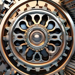 A digital sculpture of interlocking gears and cogs, turning and rotating in a synchronized motion5
