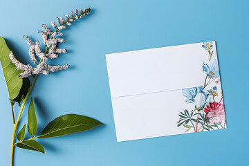 Stylish elegant flat lay blue floristic greeting invitation post card.