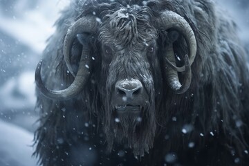 Animated GIF of musk oxen slowly moving through a snowstorm, a loop that captures the relentless spirit of these Arctic animals - obrazy, fototapety, plakaty