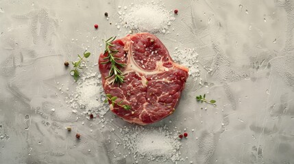 Piece of meat with salt and pepper on table