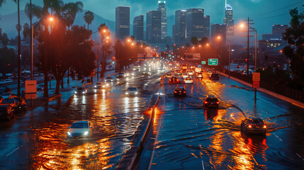 Heavy traffic on the flooded downtown street during severe stormy and rainy weather at rush hour