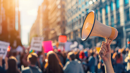 Person holding megaphone at protest with signs and crowd in background