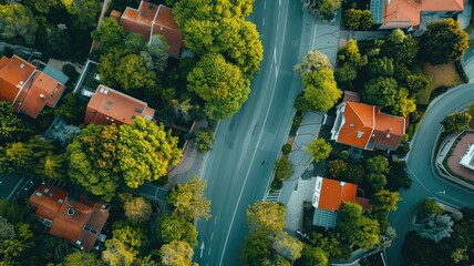 Aerial view of residential area with roads and houses surrounded by trees