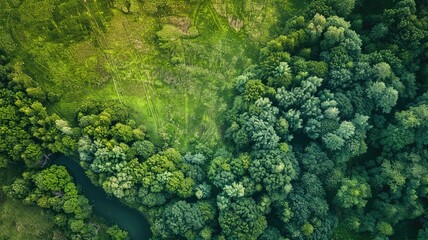 Aerial view of winding river through dense green forest