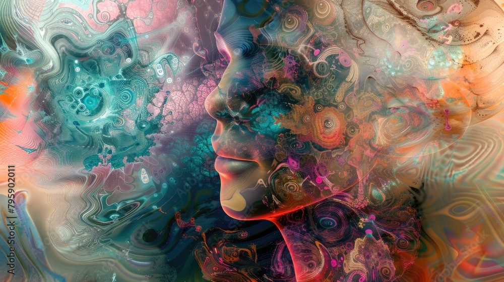 Poster abstract artistic image blending female portrait with colorful patterns