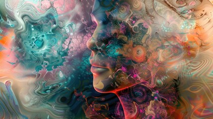 Abstract artistic image blending female portrait with colorful patterns