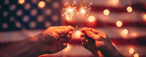 Independence Day concept of two hands close up of hands holding sparklers against American flag