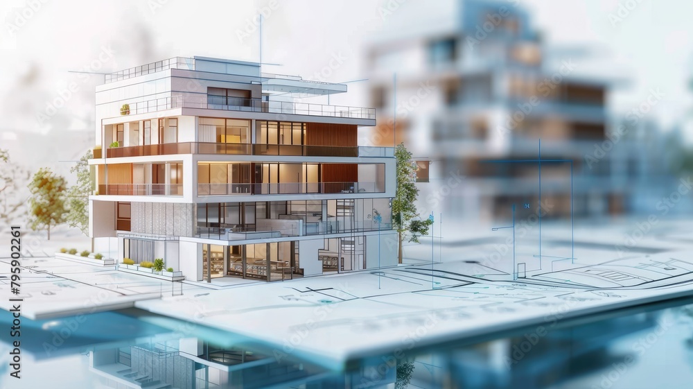 Poster modern apartment complex design model displayed on architectural blueprint with urban background