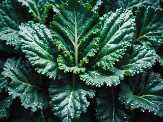 green kale leaves on a black background