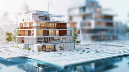 Modern apartment complex design model displayed on architectural blueprint with urban background