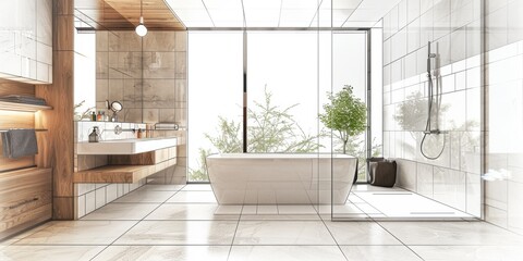 An interior design drawing of the bathroom area in white, grey tiles with light wood accents, large windows, modern style.