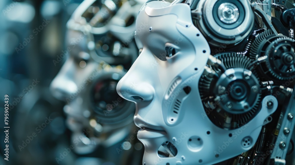 Poster close-up of advanced humanoid robot head with intricate mechanical parts